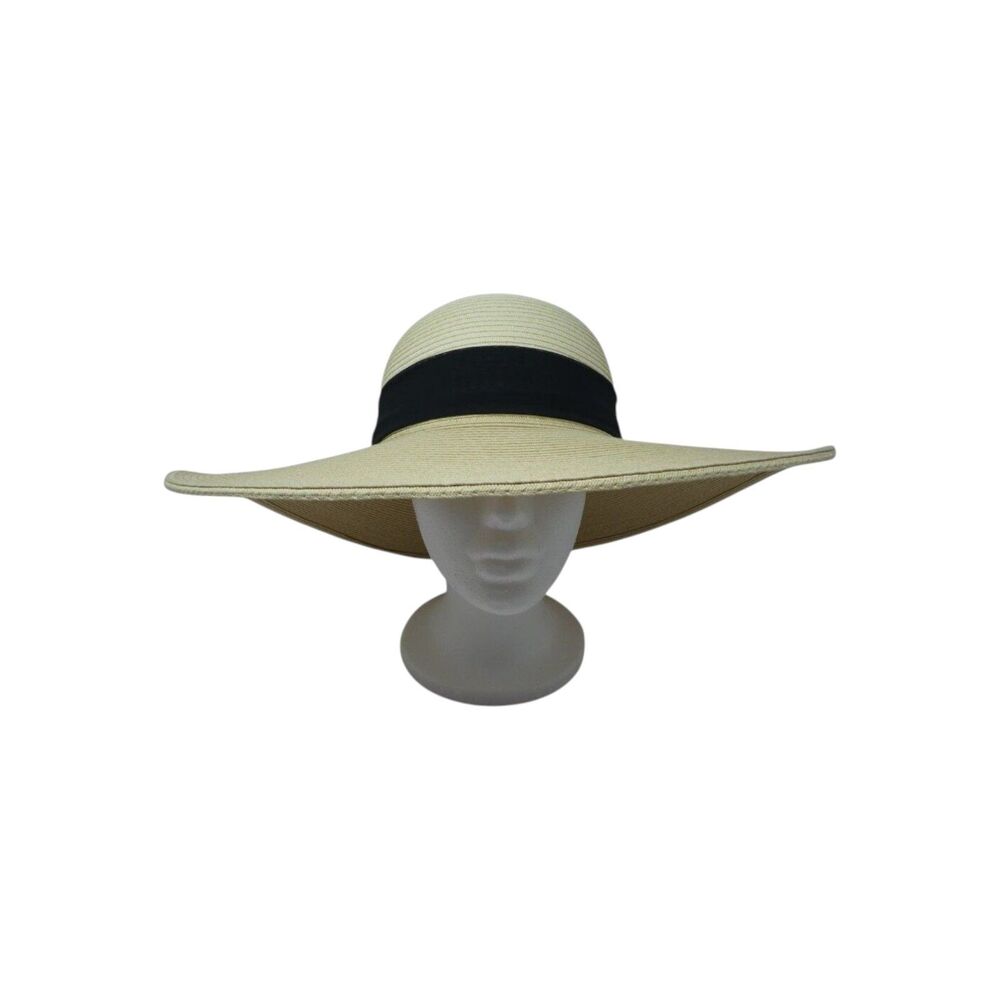 HBY‎ Miami Cream Black Paper Straw Wide Brim Floppy Beach Sun Hat S/M